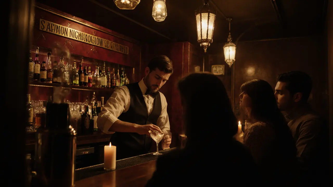 A hidden speakeasy bar with a bartender serving a golden cocktail, lit by candlelight and oud music in the background.