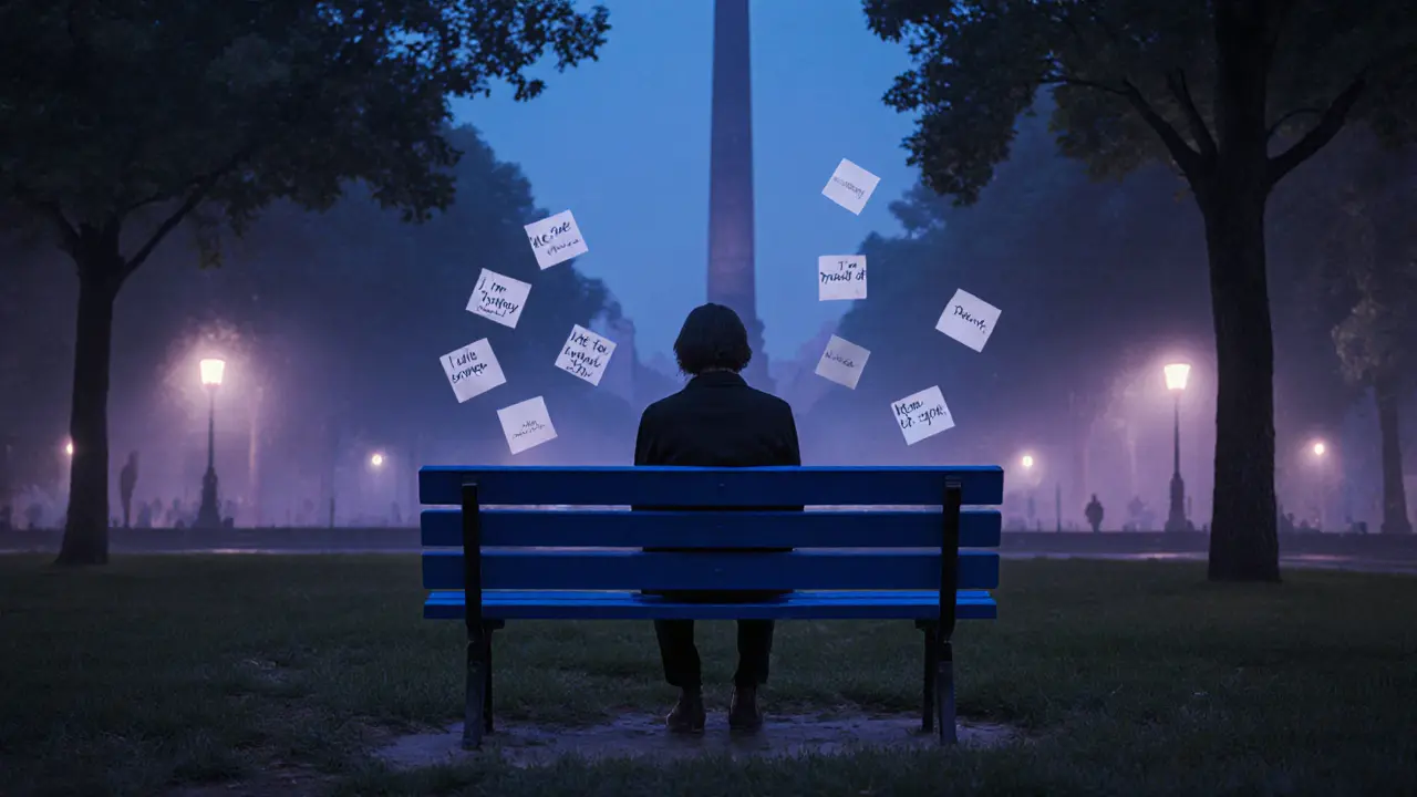 A lonely blue bench in Tiergarten with floating handwritten notes, at twilight, surrounded by mist.