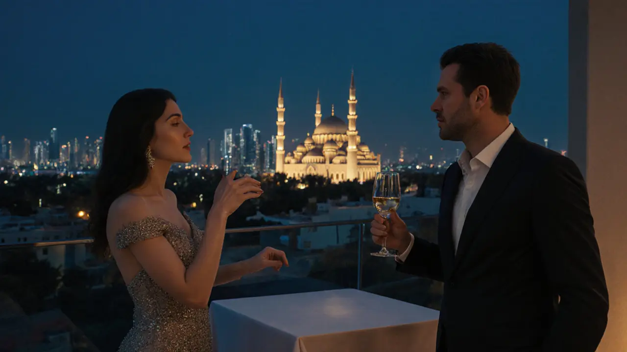 A man and woman on a private rooftop lounge in Abu Dhabi, enjoying the illuminated city skyline at night.