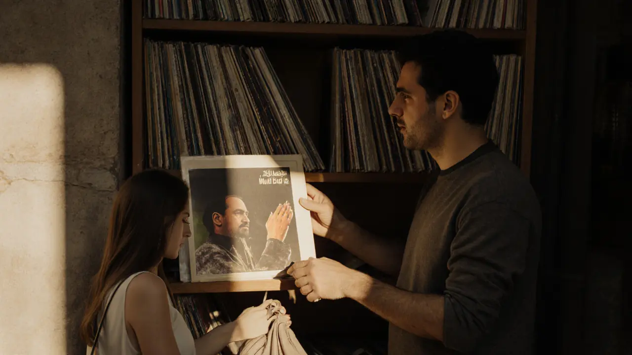 A man placing a vinyl record on a shelf, hands only, no faces shown.