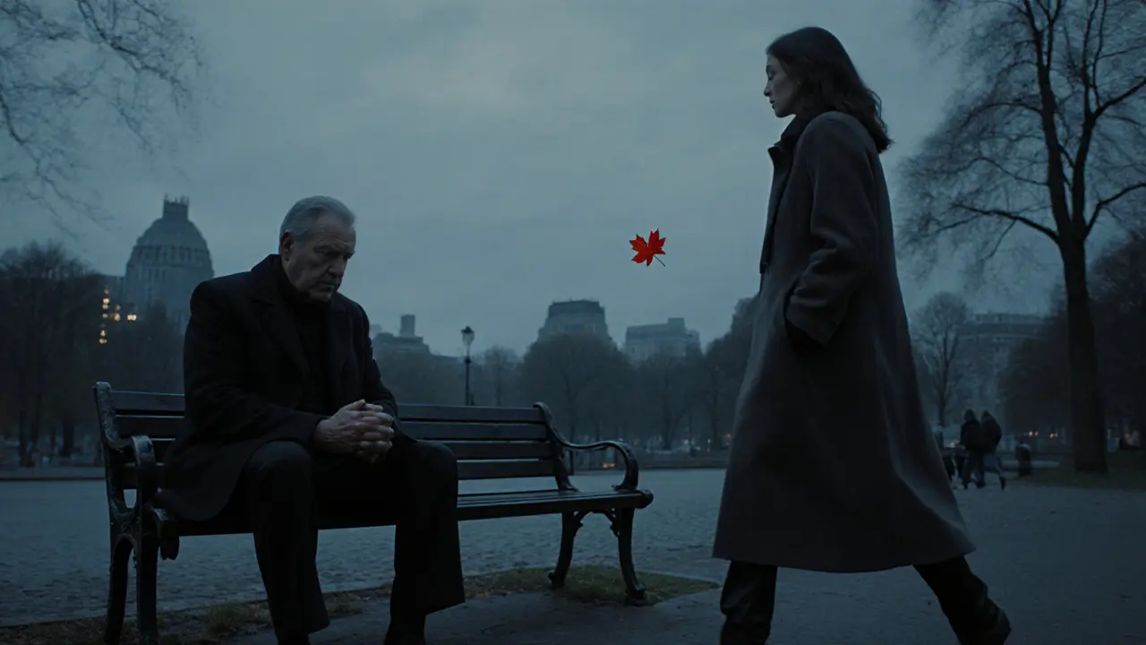 A man sits alone on a park bench at dusk as a woman walks past, a single red leaf falling between them.