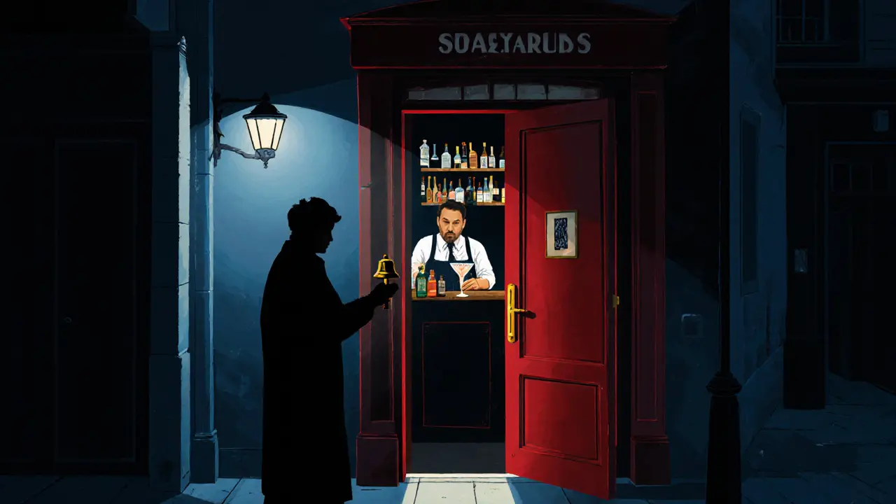 A mysterious red door in a Parisian alley at night, hinting at a hidden speakeasy with faint light glowing inside.