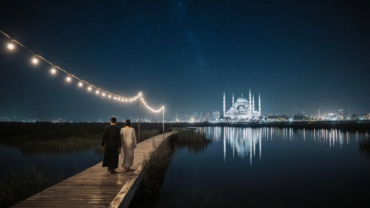 A peaceful walk along mangrove boardwalks at night in Yas Island under soft string lights.