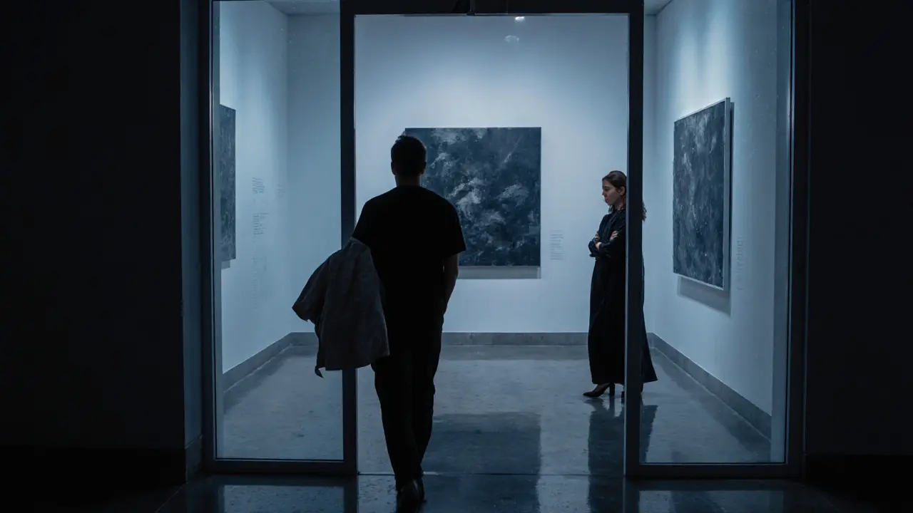 A person walking away from a gallery as someone watches from inside, dusk lighting the scene.