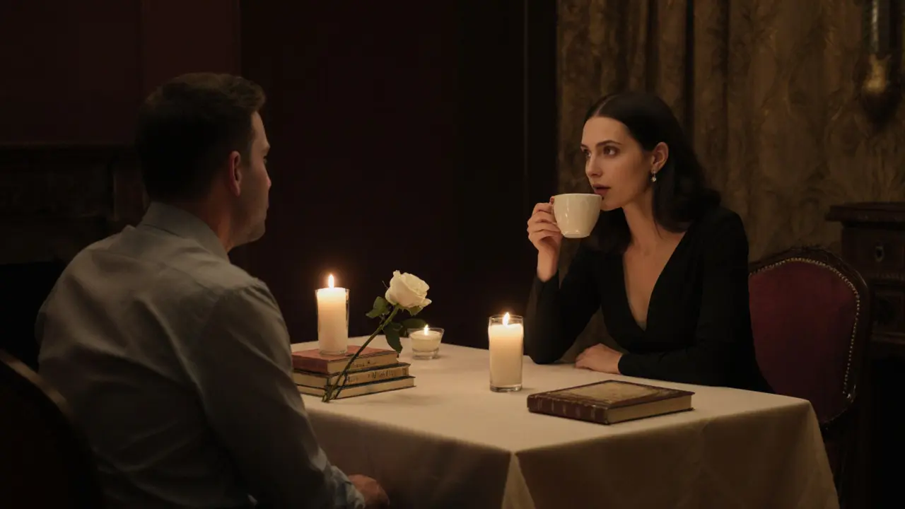 A professional companion and client share a quiet, respectful conversation over tea in a hotel suite.