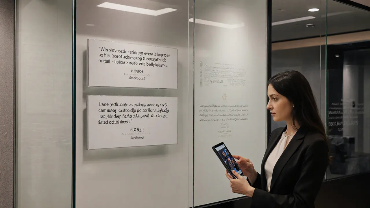 A professional companionship agency office with modern decor and verified client testimonials displayed.