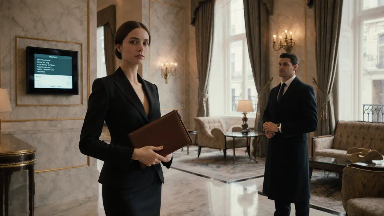 A professional escort in a luxury hotel lobby, standing with a portfolio as a client waits respectfully.