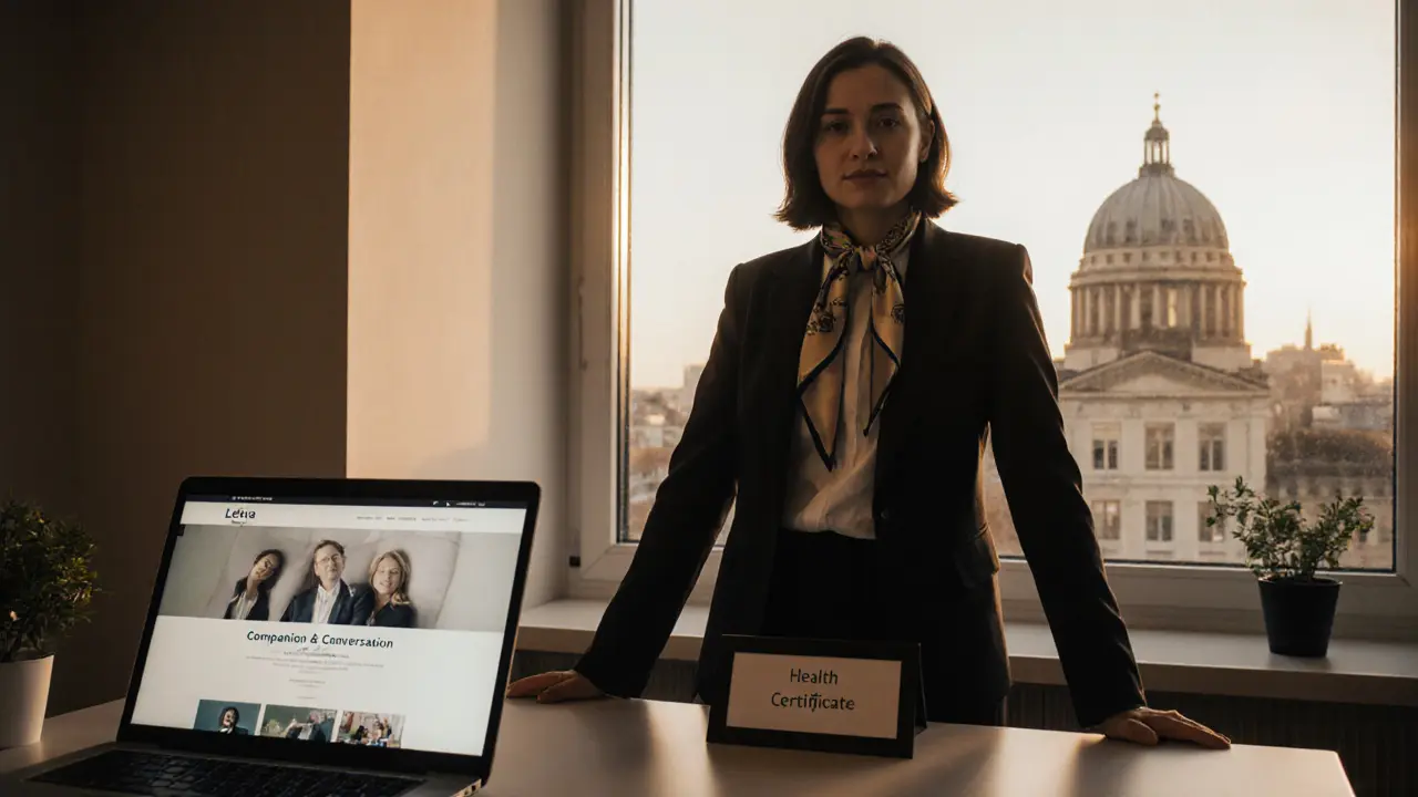 A professional woman stands beside her website in a modern Berlin office, exuding calm authority.
