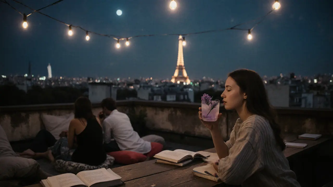 A rooftop bar on an old orphanage with string lights and the Eiffel Tower in the distance.