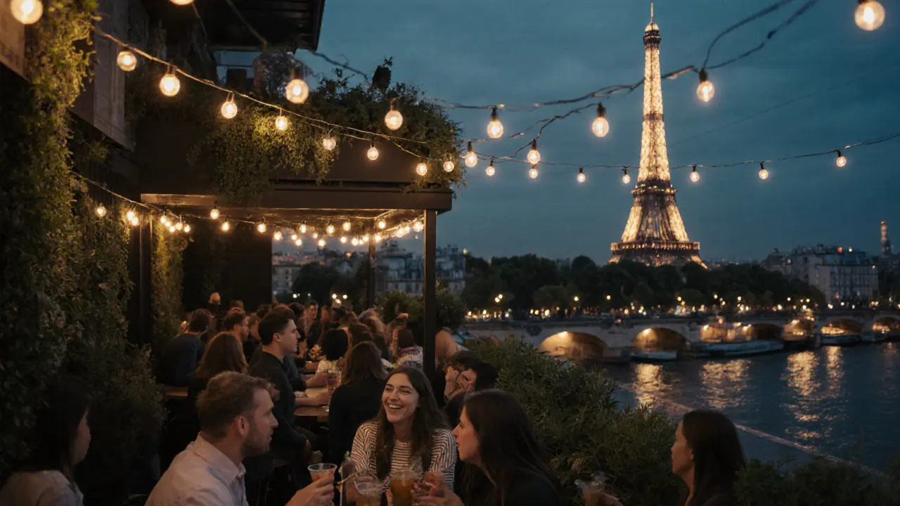 A rooftop bar with string lights and greenery overlooking the sparkling Eiffel Tower, patrons enjoying cocktails at twilight.