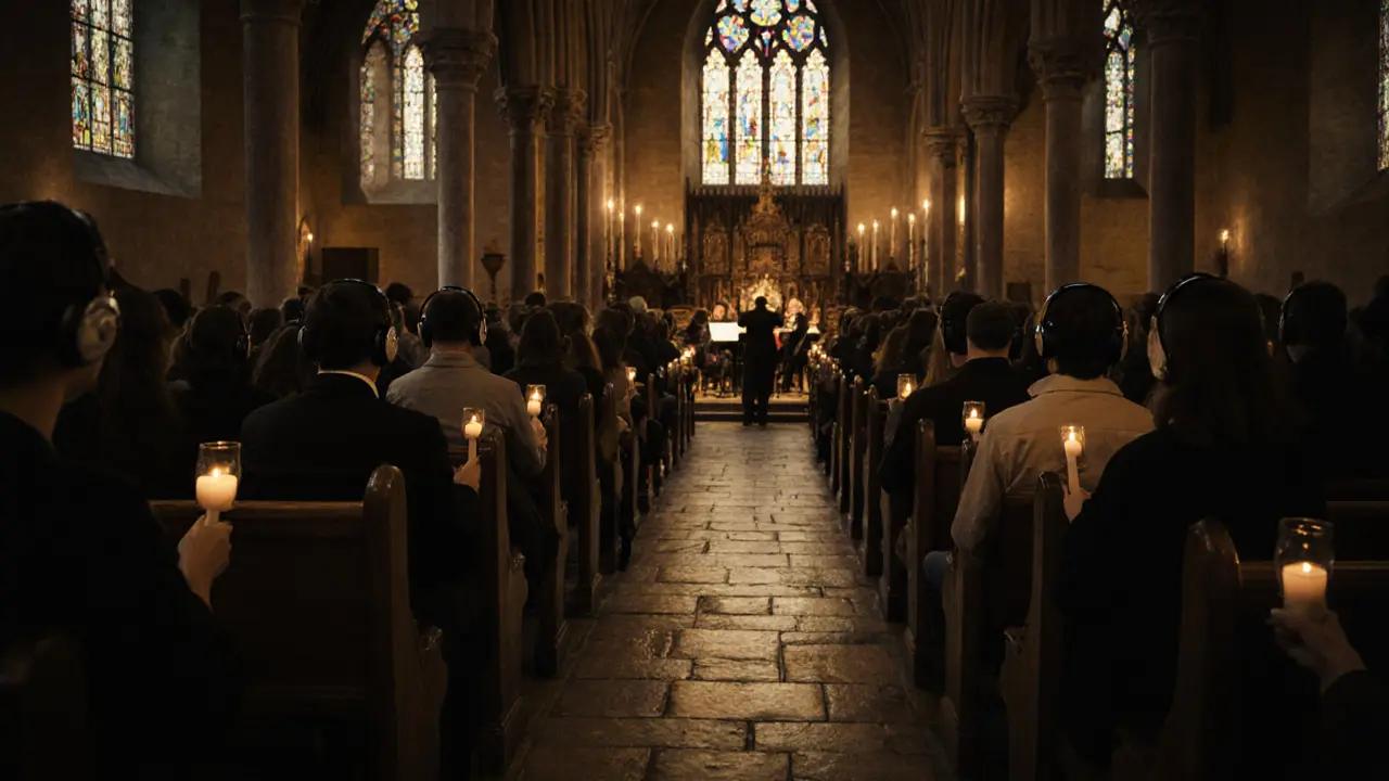 A silent concert in a church at night, attendees in pews wearing headphones and holding candles, surrounded by stillness.