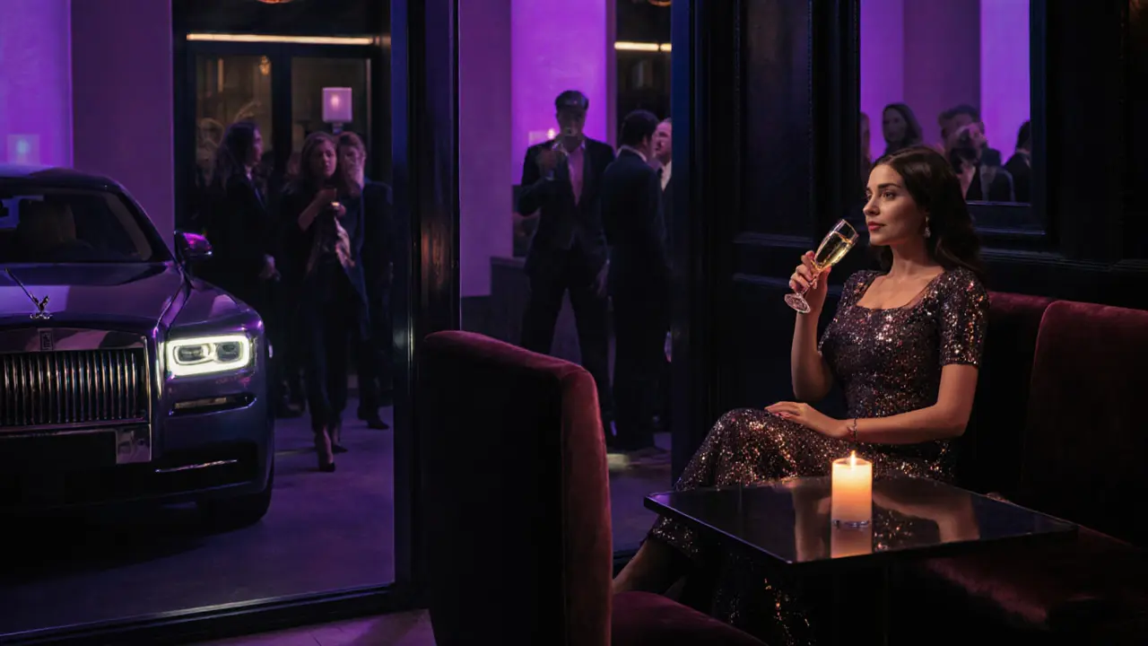A solitary woman in a high-end Dubai club, surrounded by silent, blurred guests.