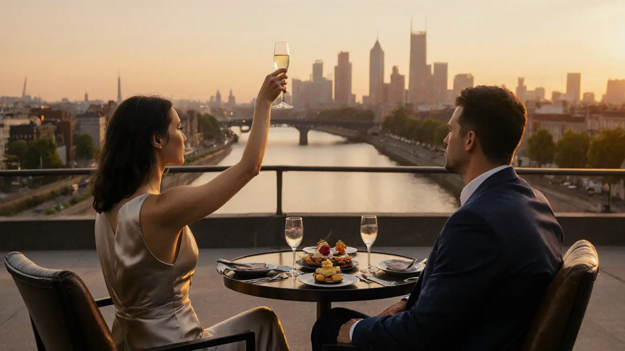 A sophisticated couple on a rooftop terrace in Berlin at sunset, overlooking the Spree River.