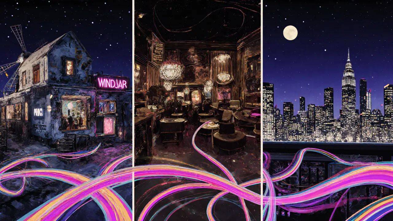 A surreal collage of London&#039;s nightlife: punk stage, jazz lounge, and rooftop skyline.