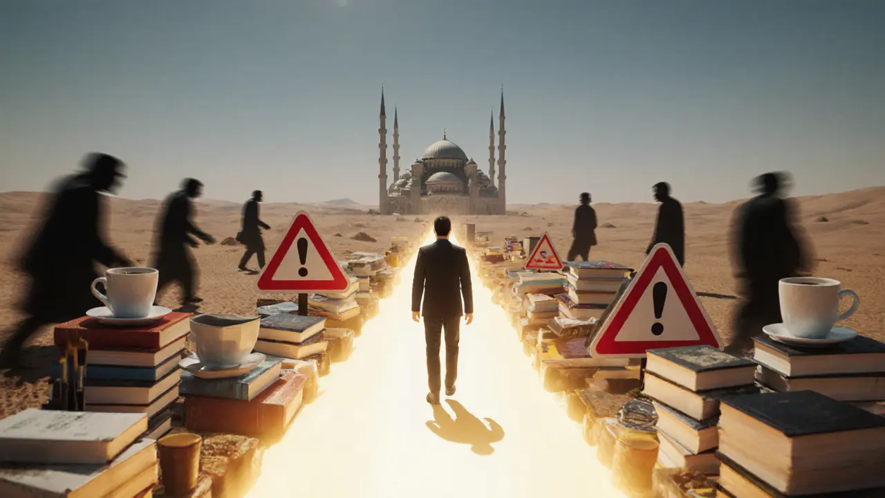 A symbolic path of cultural items leading through desert toward a mosque, representing safe human connection.