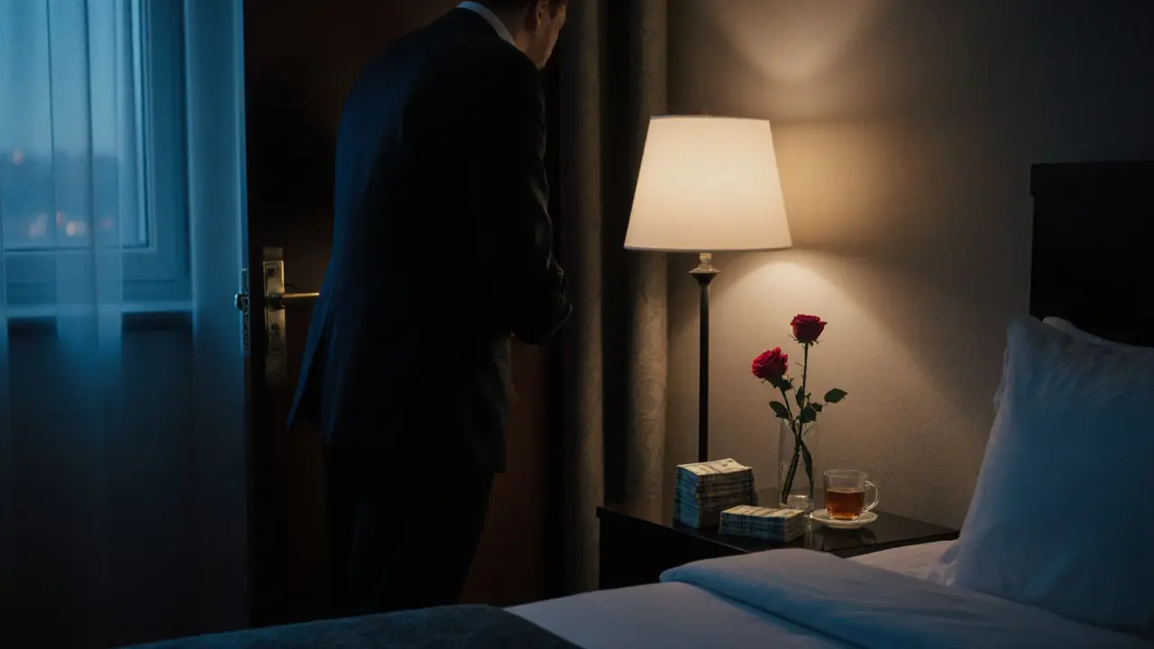 A tidy hotel room at dusk with cash and a rose on the nightstand, a client quietly departing.