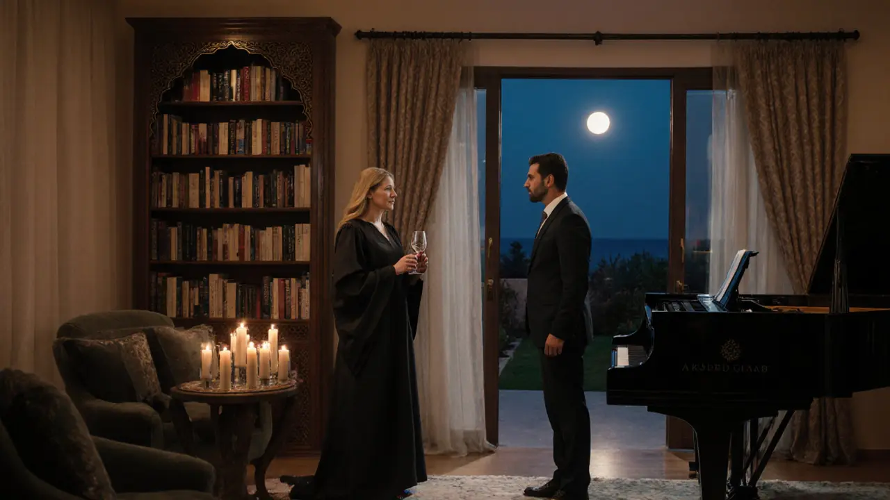 A well-educated companion converses with a client over candlelight in a luxurious villa, surrounded by books and elegant decor.