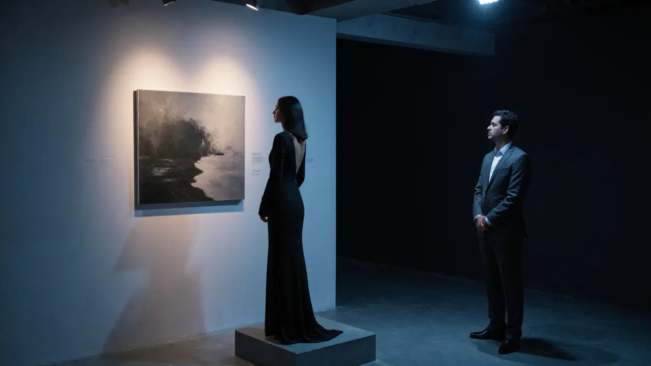 A woman examines art in a private gallery at night, while a man observes silently, conveying emotional connection without words.