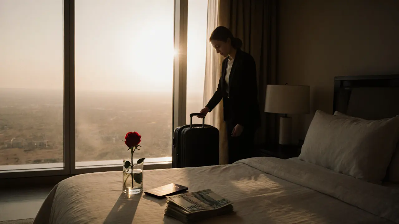 A woman packing in a Dubai penthouse at dawn, suitcase open, rose wilting on the table.