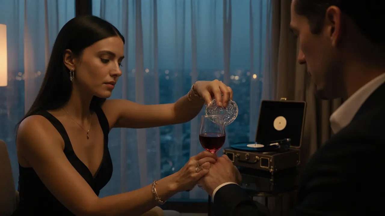 A woman pouring wine with a gentle touch, in a serene hotel lounge with soft jazz playing in the background.