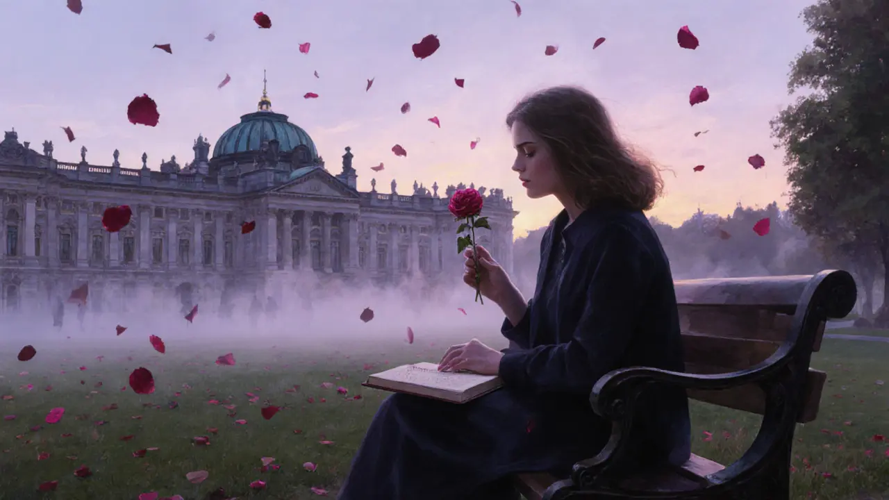 A woman sits alone on a garden bench at dusk, rose petals drifting around her.