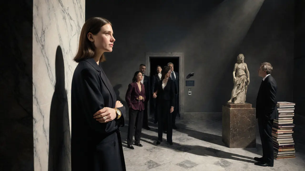 A woman stands at the entrance of Brera Art Gallery after hours, guiding guests to a hidden sculpture.