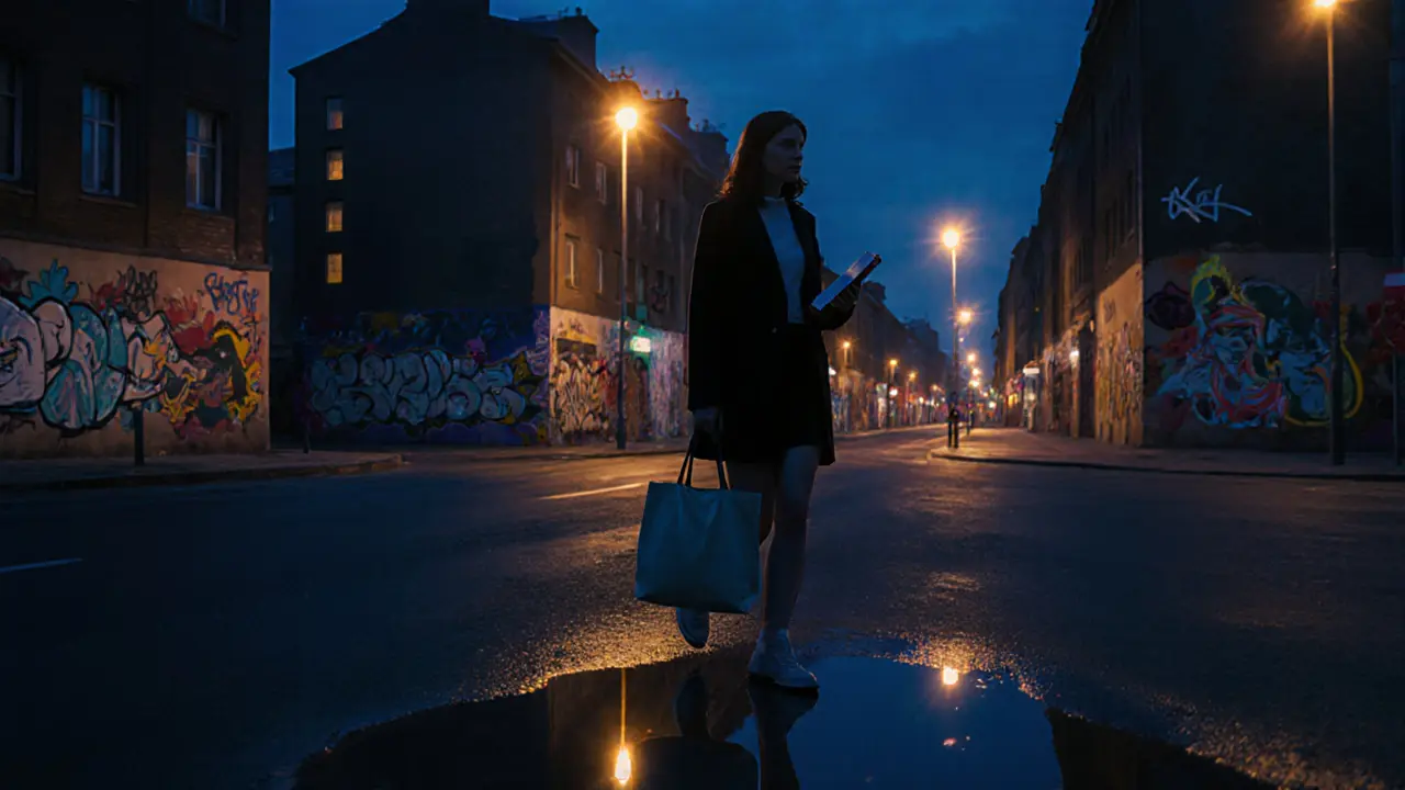 A woman walking confidently through the evening streets of Kreuzberg near street art and glowing lamps.