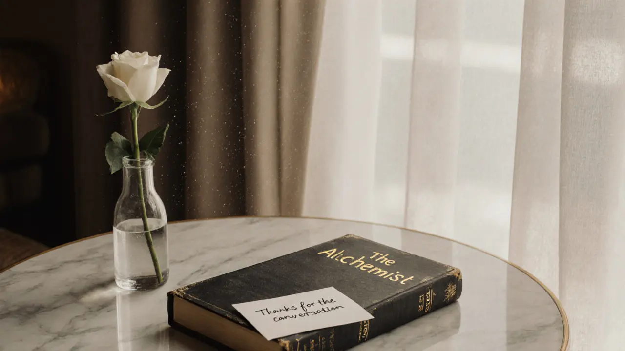 A wrapped book and a single rose on a café table in Jumeirah, with a handwritten note.