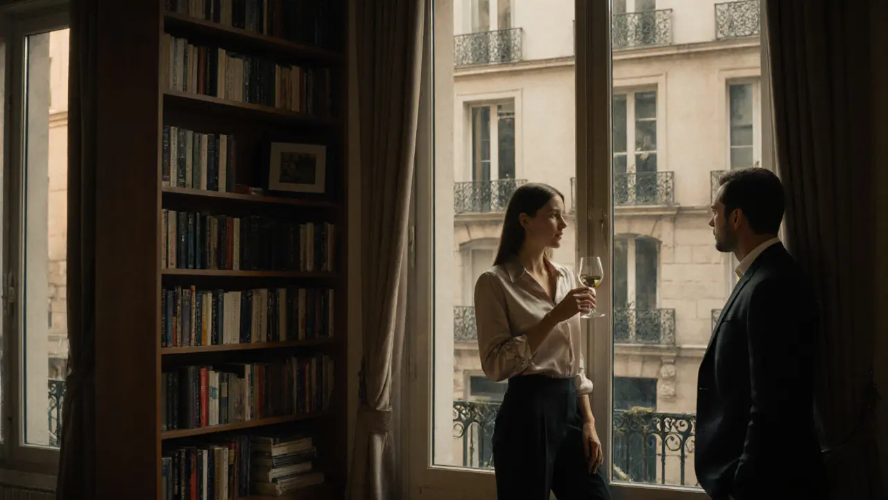 An elegant escort in a modern Paris apartment surrounded by art and books.