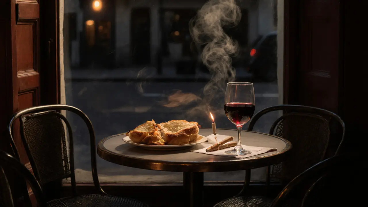 An empty bistro table at 4 a.m. with a finished croque-monsieur, wine glass, and cigarette, steam rising in the quiet night.