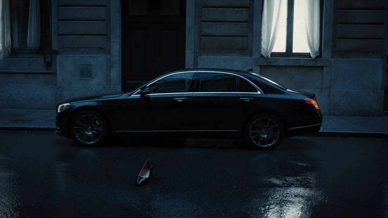 An empty luxury car parked at dawn outside a quiet Milan apartment, a single high heel left on the pavement.