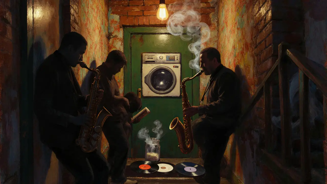 An intimate underground jazz club beneath a laundromat, lit by warm light and filled with listeners.