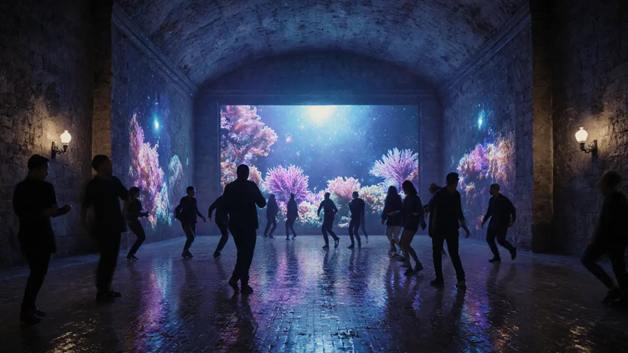 An underground bathhouse club with projected stars and coral above dancers on tiled floors, bathed in ethereal blue light.