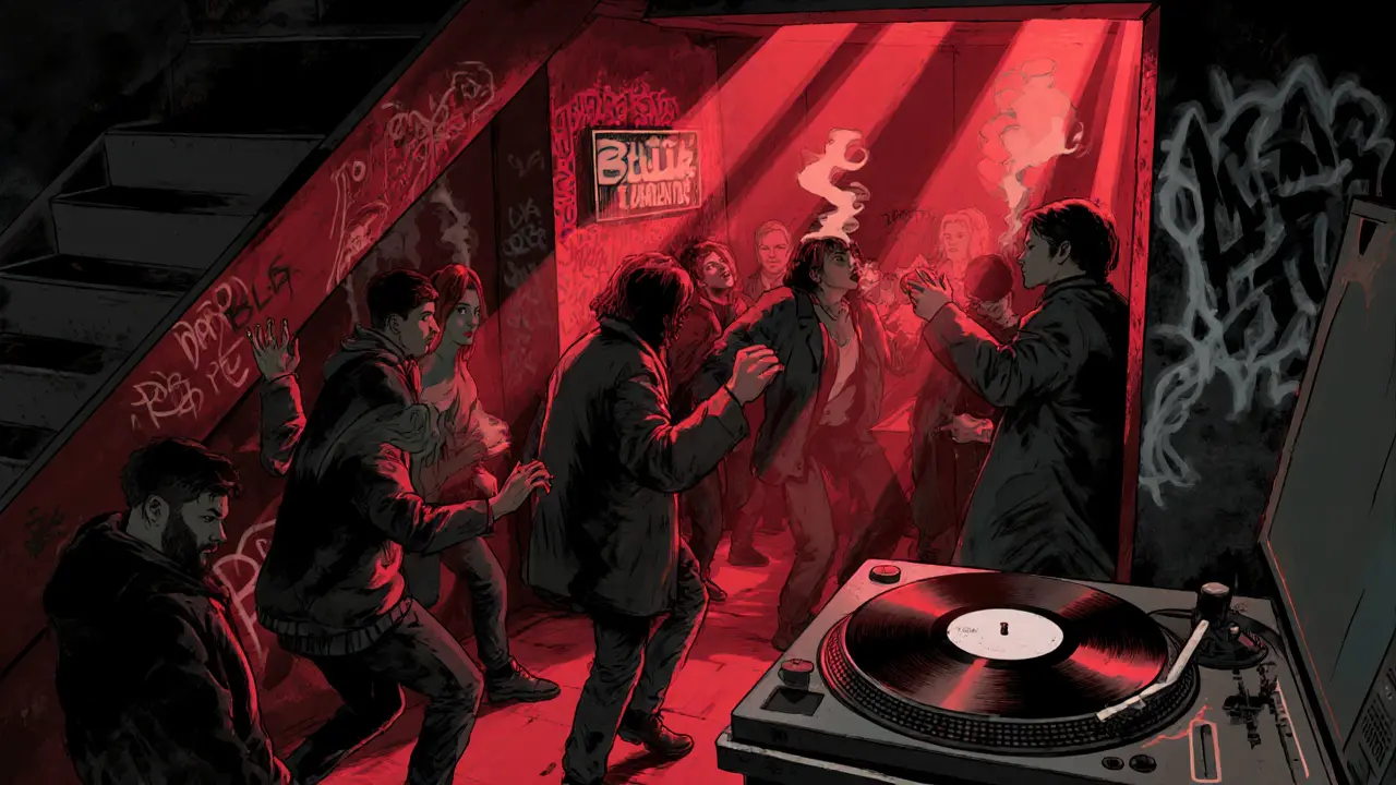 An underground club with red lighting, people dancing in coats, and a vinyl record spinning in a basement space.
