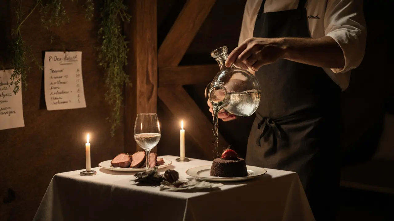 Candlelit dinner in a rustic barn, chef pouring gin as couple shares a quiet meal.