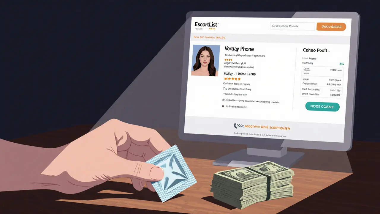 Condom and cash on a table with a verified escort profile screen in the background.