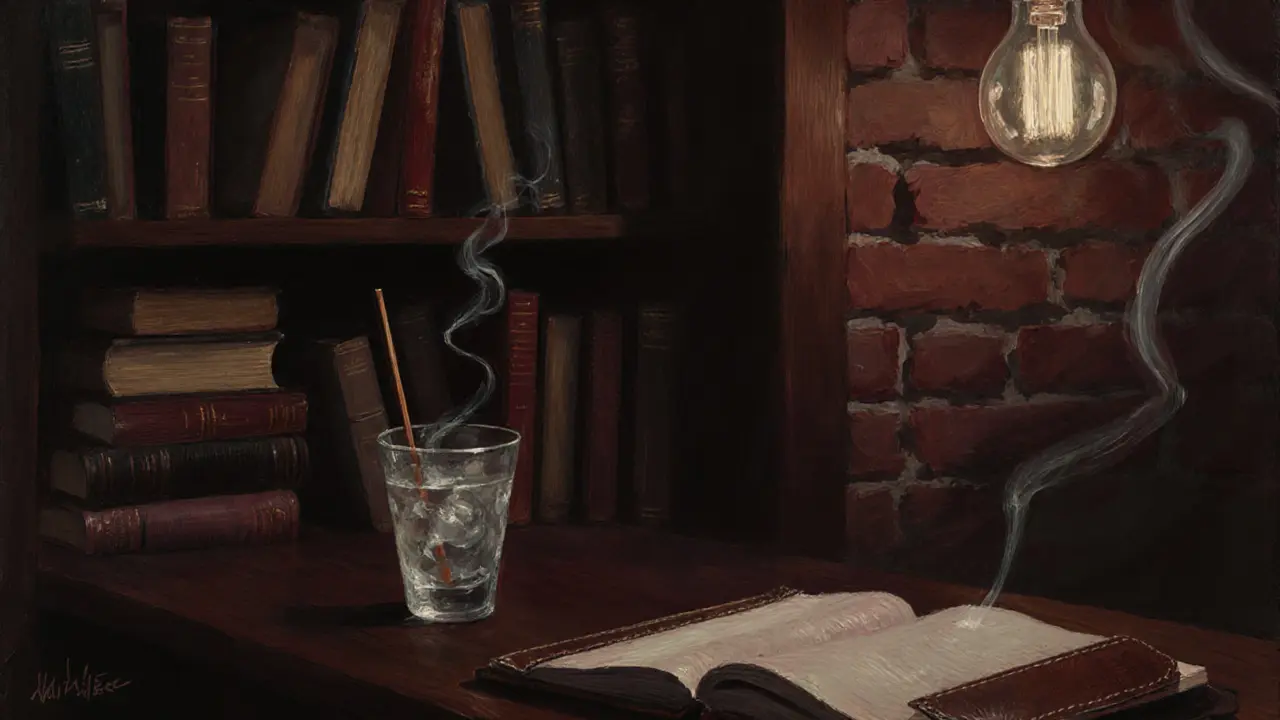 Cozy bohemian lounge with vintage books, dim lighting, and a condensing cocktail glass.