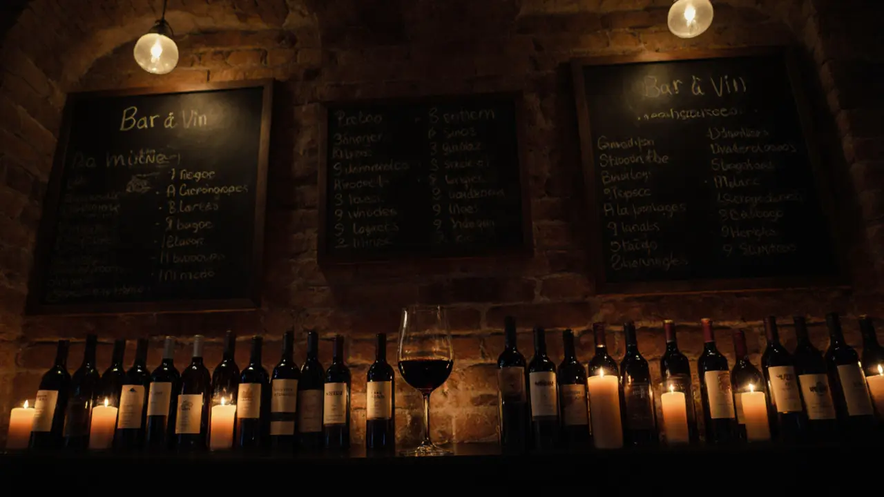 Cozy wine cellar with candlelit bottles and handwritten chalkboard menu, warm amber lighting casting soft shadows.