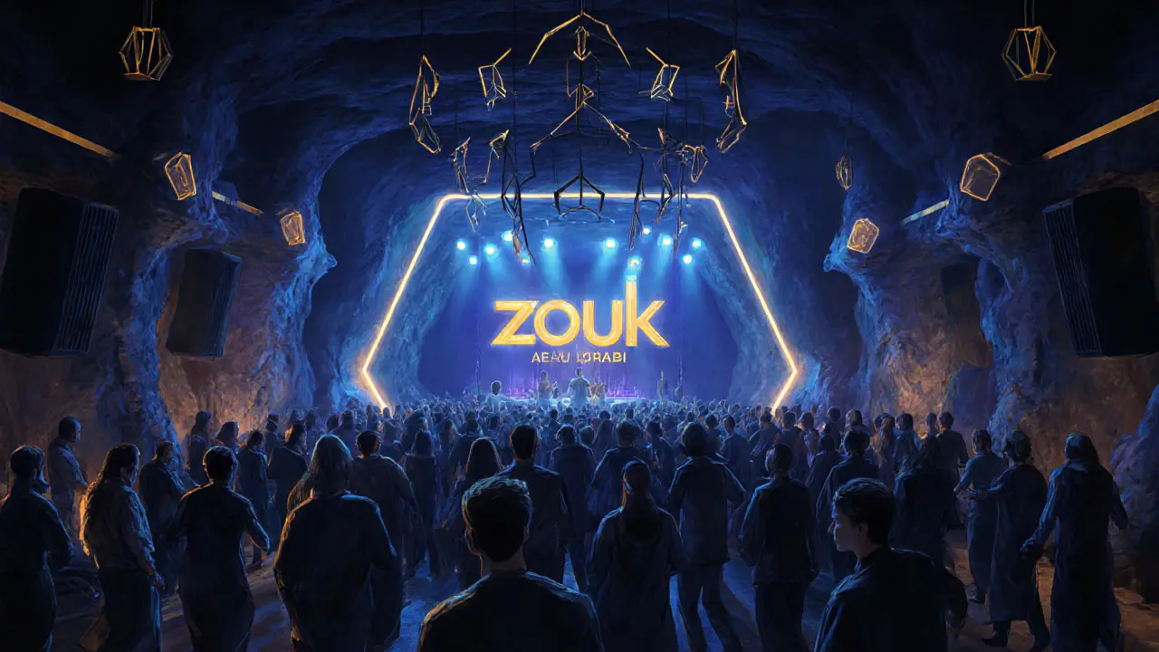 Crowd dancing in a futuristic club with Arabic rhythms and deep house beats.