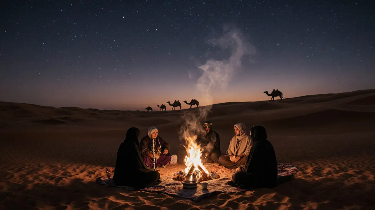 Desert night safari with group around a fire under a starry sky, silhouettes of dunes in the distance.