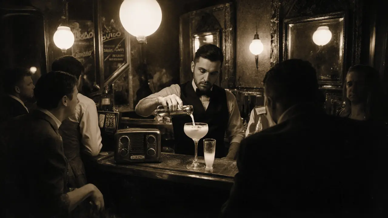 Dimly lit Bar Basso interior with bartender pouring a Negroni, vintage ambiance, no text or signs.