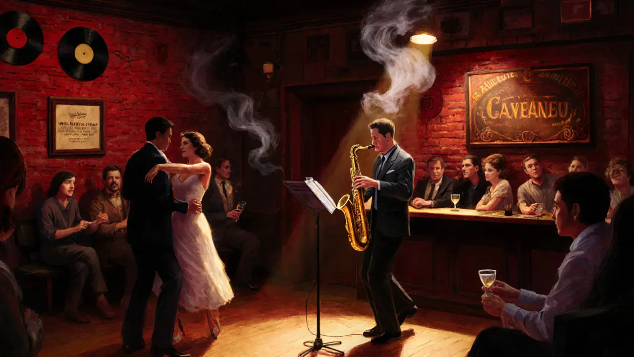 Dimly lit jazz club with musicians playing swing, patrons dancing, and brick walls glowing under soft red lights.