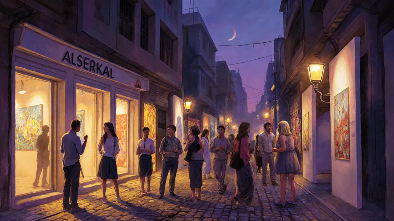 Diverse group exploring art galleries in Alserkal Avenue during a vibrant evening event.