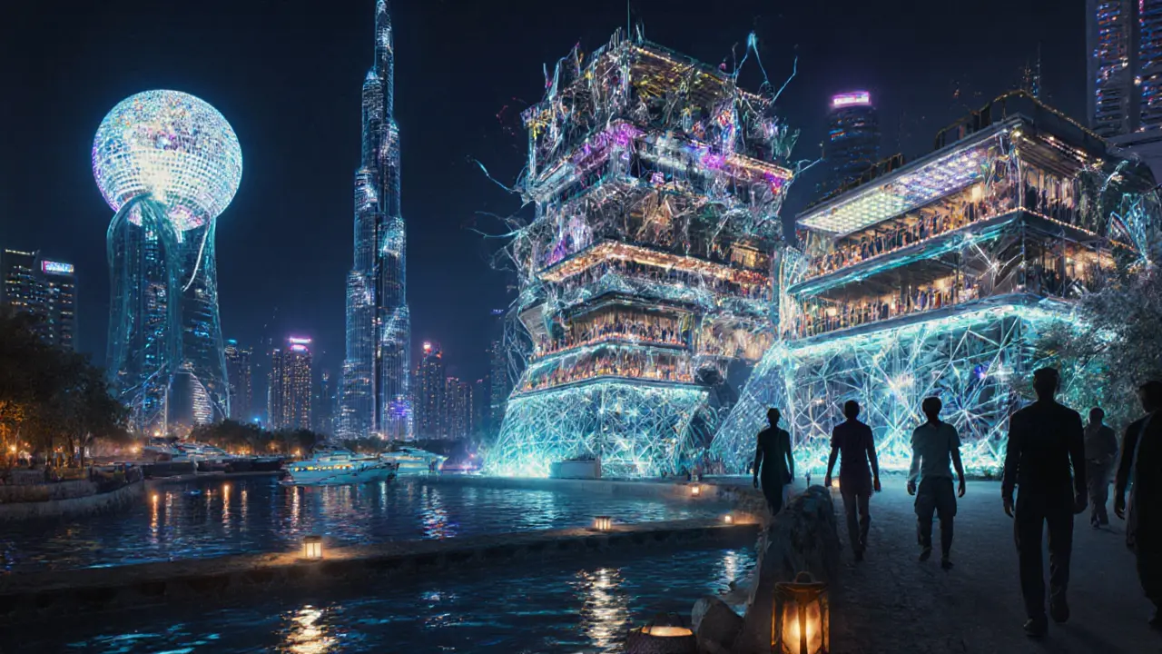 Dubai&#039;s skyline at night, with glowing yachts and rooftop clubs pulsing to music.