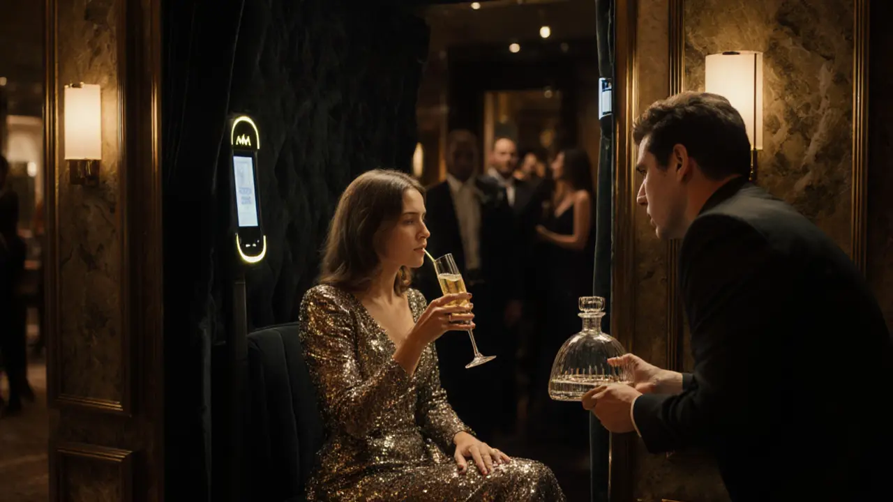 Elegant guests in a VIP booth at Atelier M, being served champagne by a sommelier.