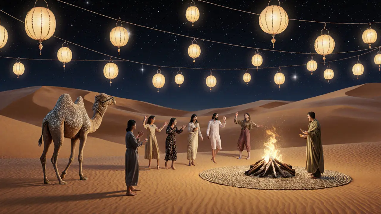 Guests dancing barefoot on desert dunes under lanterns and stars, with a glitter camel nearby.