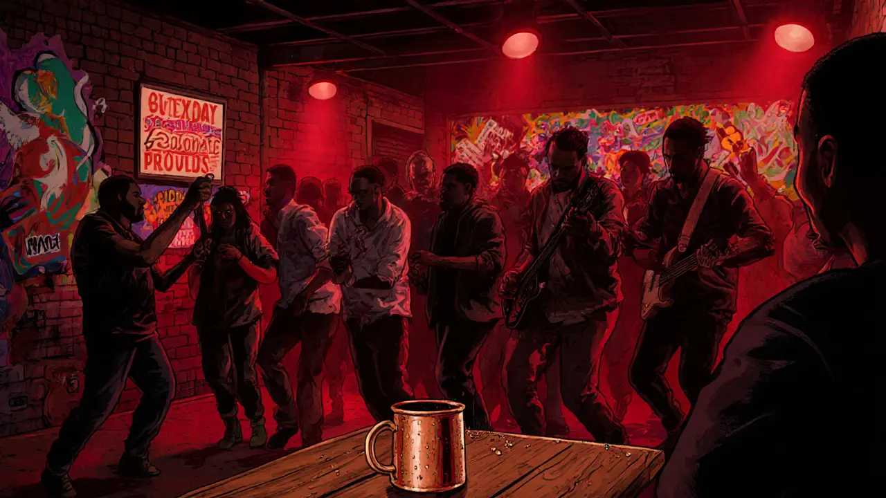 Hidden basement club in Alserkal Avenue with dim lighting and people dancing to Afrobeat music.