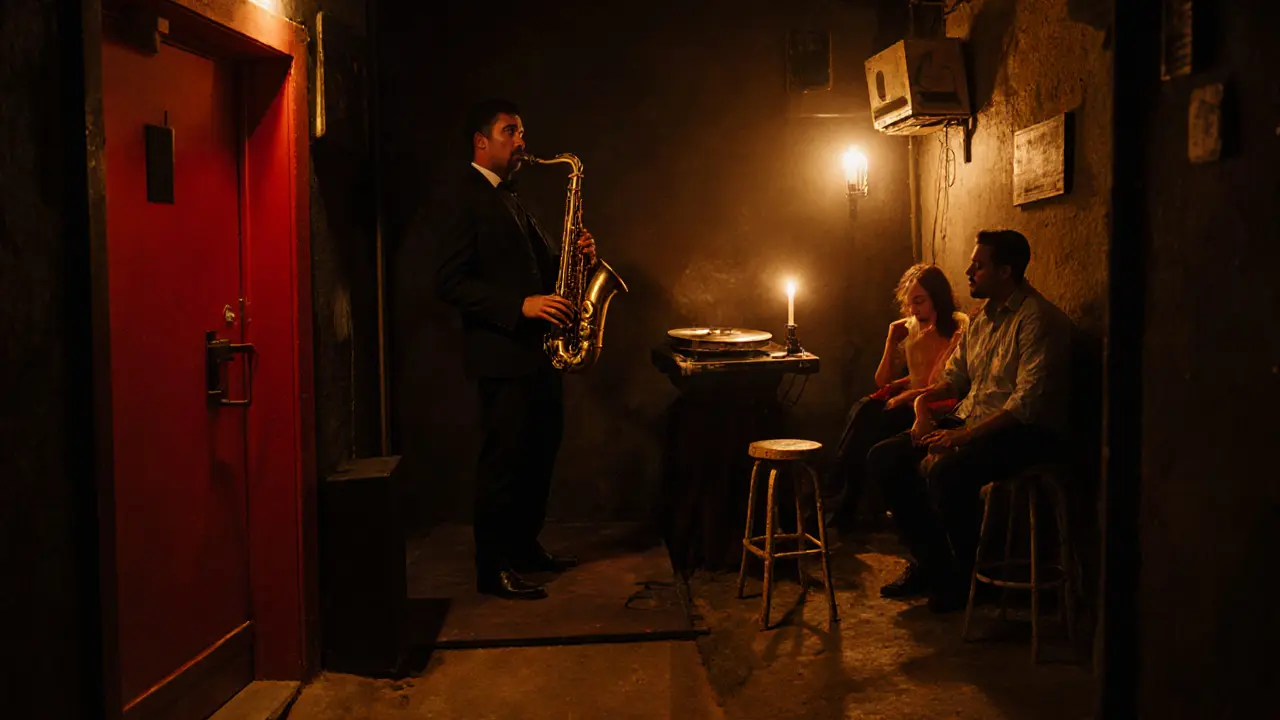 Hidden jazz bar with a red door and warm interior light, featuring a saxophonist playing on a small stage surrounded by attentive listeners.