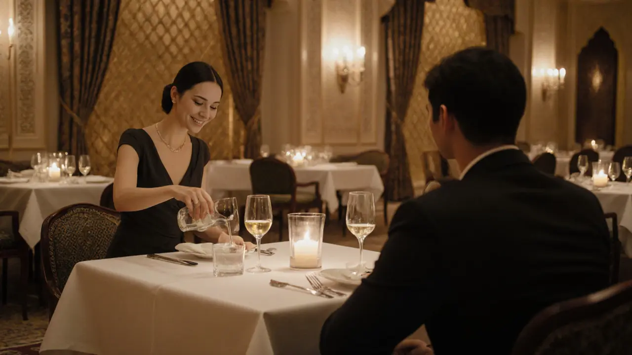 Intimate dinner at Al Iwan with candlelight, wine pouring, and elegant Arabic architecture.