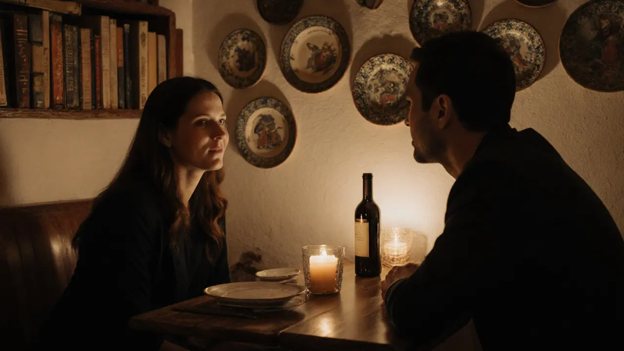 Intimate dinner in a quiet Milanese osteria with wine and candlelight, focused on quiet conversation.